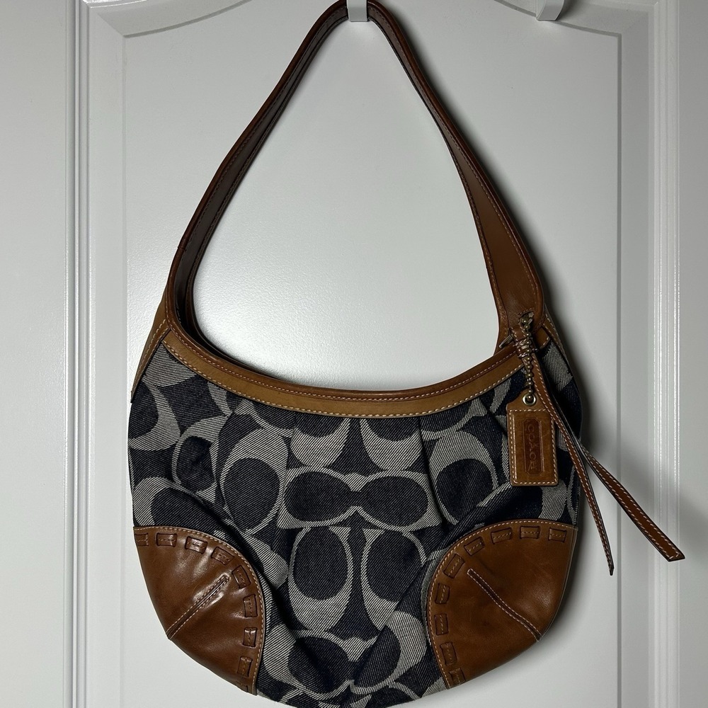 Coach 2008 Denim Signature Monogram Jacquard Print Cognac Leather Trim Hobo Bag